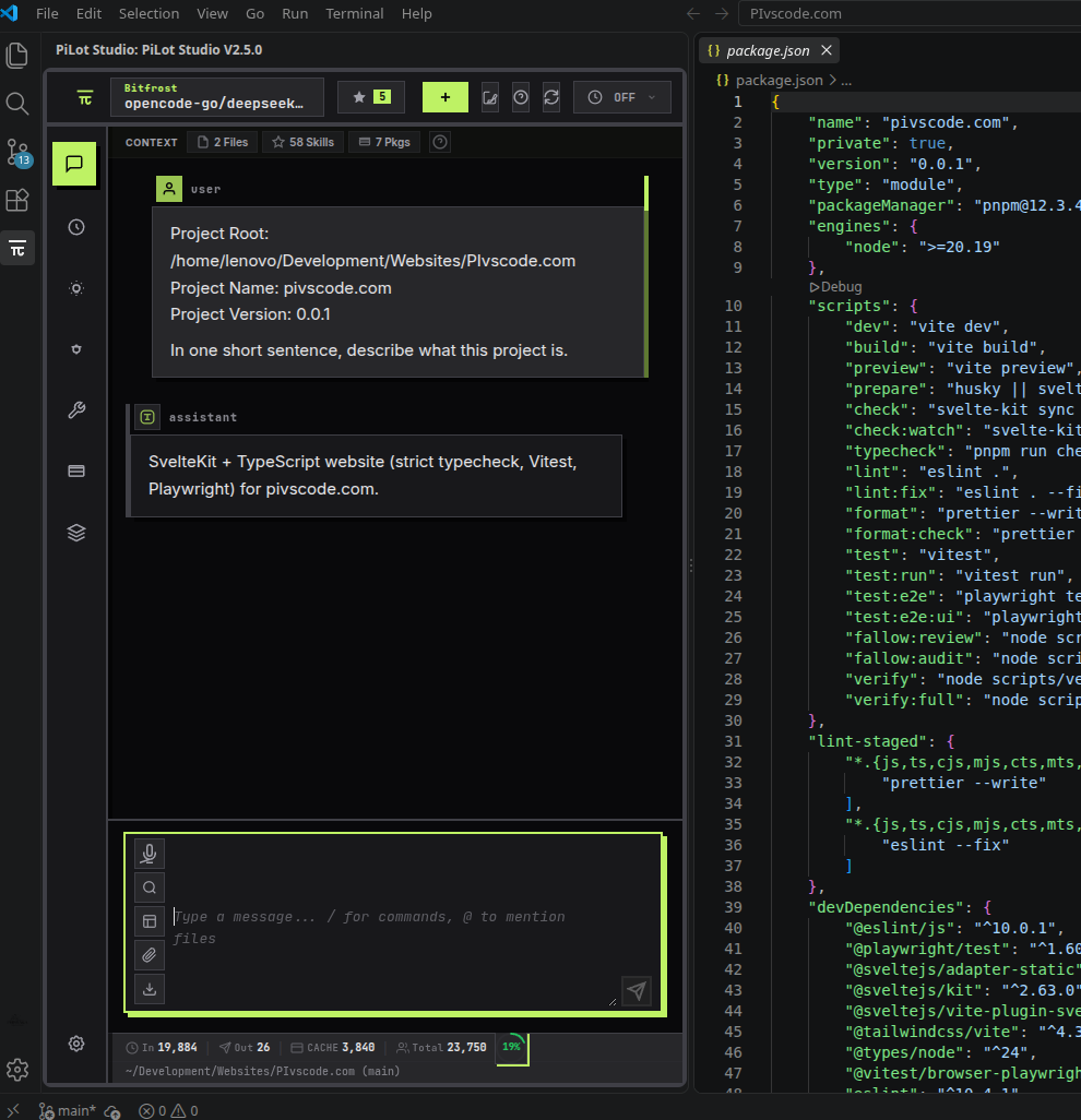 PiLot Studio: the Pi coding agent GUI running as a panel inside Visual Studio Code, showing an AI chat conversation with session tree and provider controls