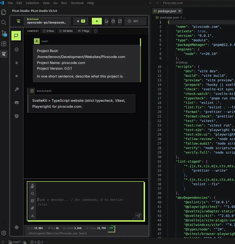 PiLot Studio chat with the Pi coding agent running inside Visual Studio Code