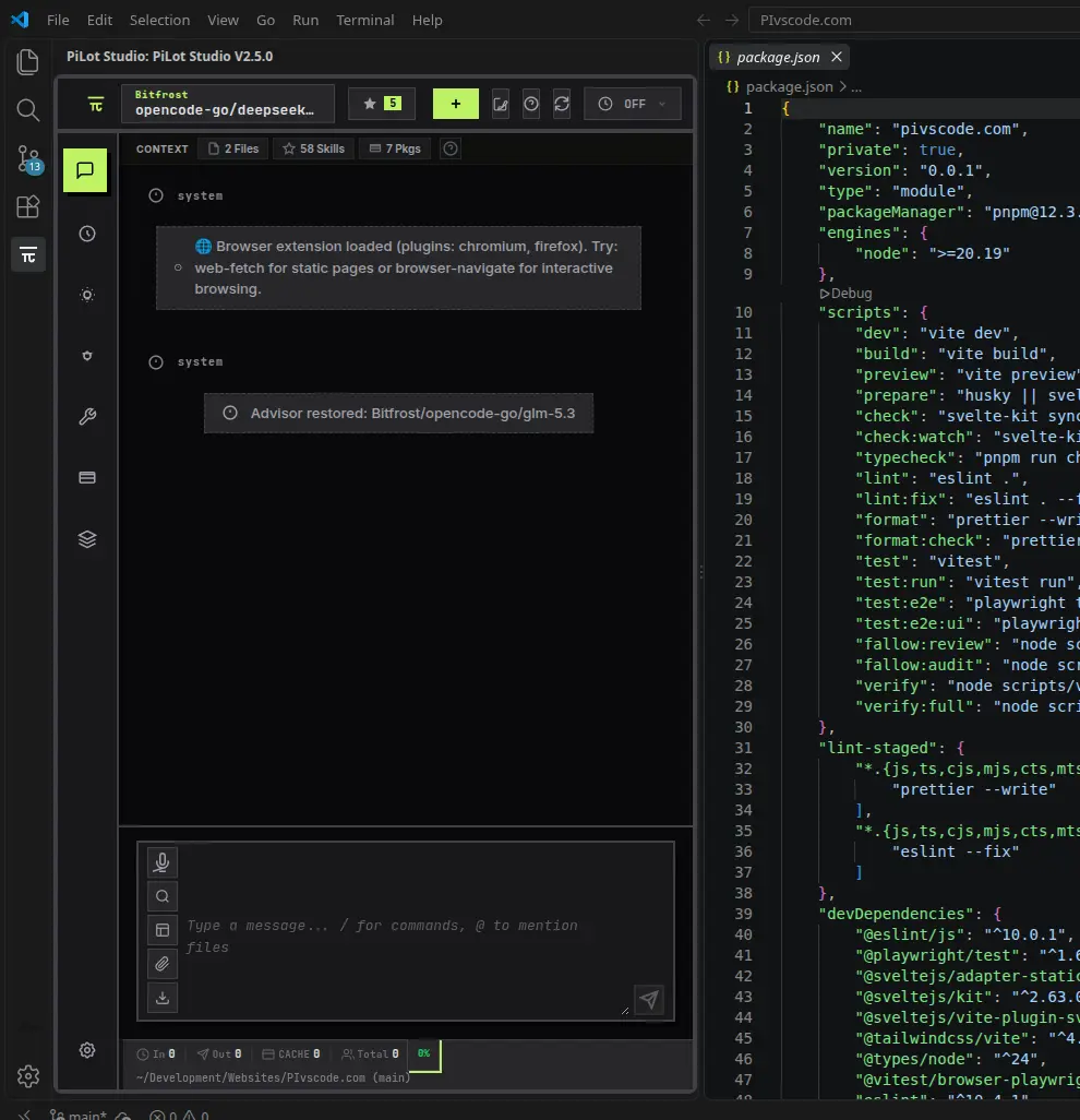 The Pi coding agent GUI panel in VS Code with model selector and context chips