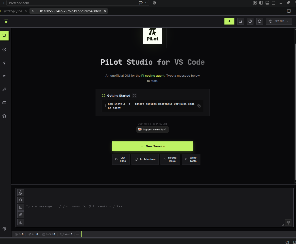PiLot Studio welcome screen in VS Code: PiLot logo, quick-start templates like List Files and Debug Issue, and the chat input