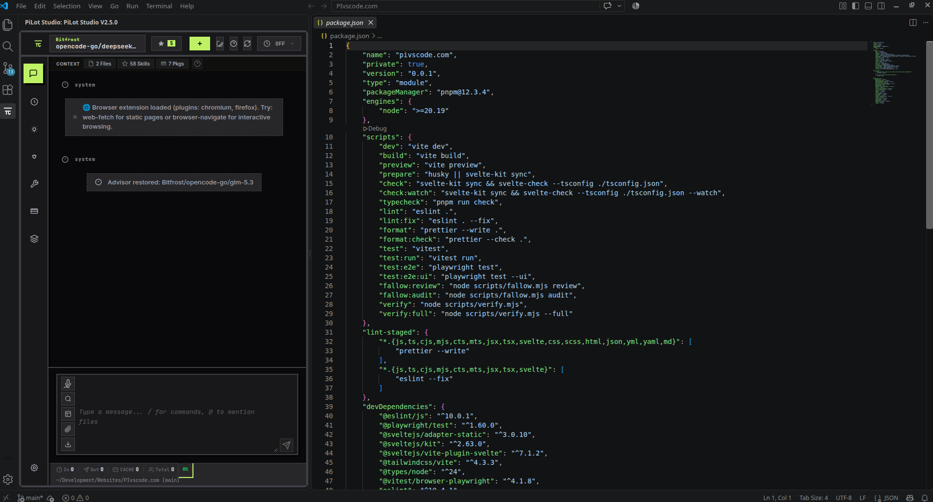 The Pi coding agent GUI inside VS Code: chat with the Pi agent, editor, and provider controls side by side